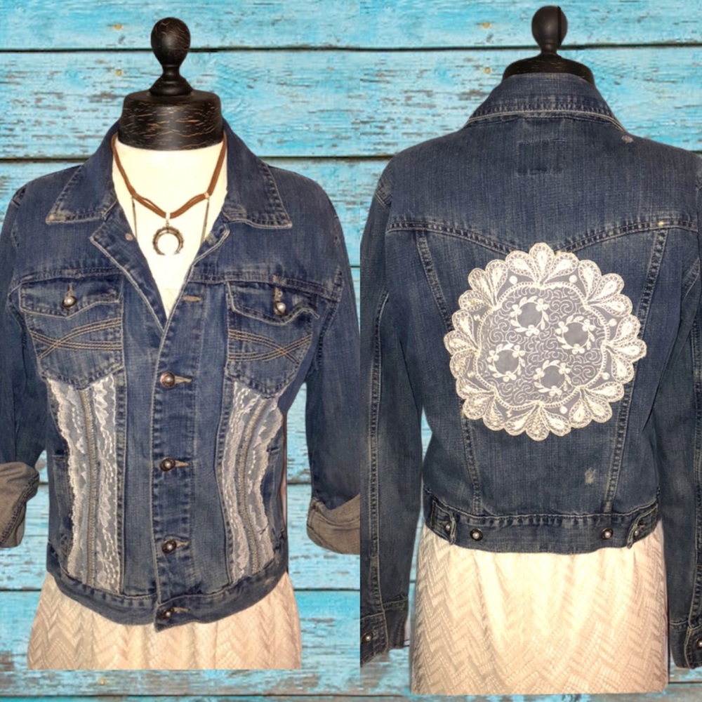 Upcycled Boho Vintage Lace Summer Denim Ja…